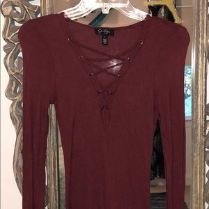 red lace up long sleeve top
